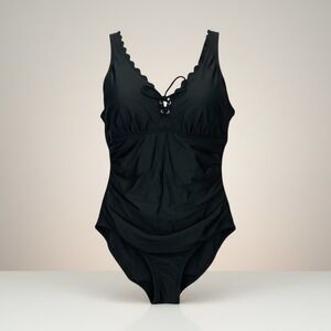 Kona Sol Black Ruched Lace Up One Piece Swimsuit